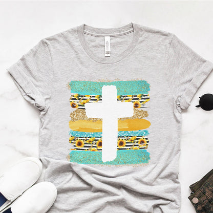 Cross Brushstrokes Sunflower Tee Shirts For Women - Christian Shirts for Women - Religious Tee Shirts