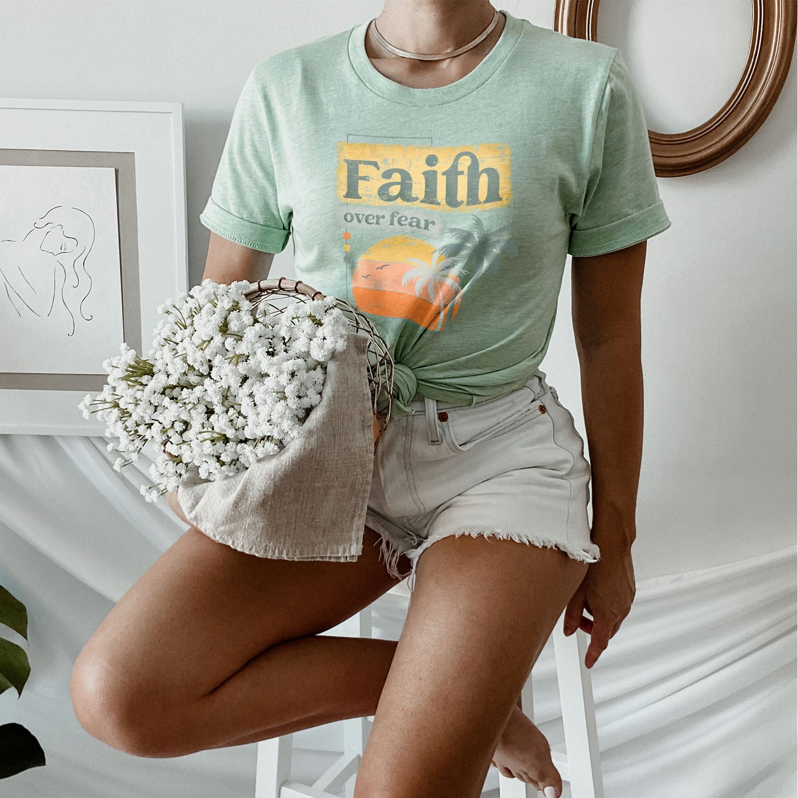Christian Retro Faith over fear Tee Shirts For Women - Christian Shirts for Women - Religious Tee Shirts