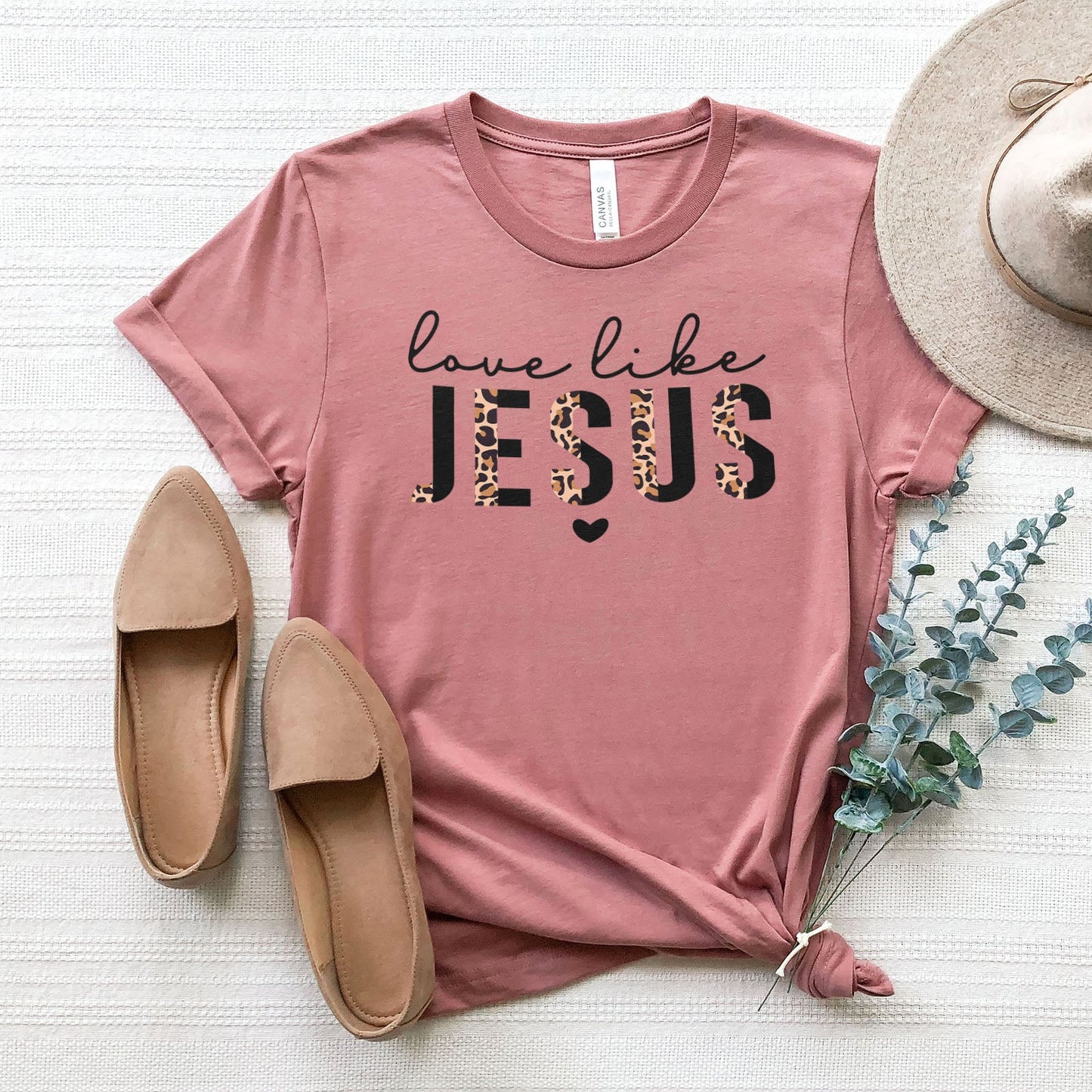 Love Like Jesus Half Leopard Black Tee Shirts For Women - Christian Shirts for Women - Religious Tee Shirts