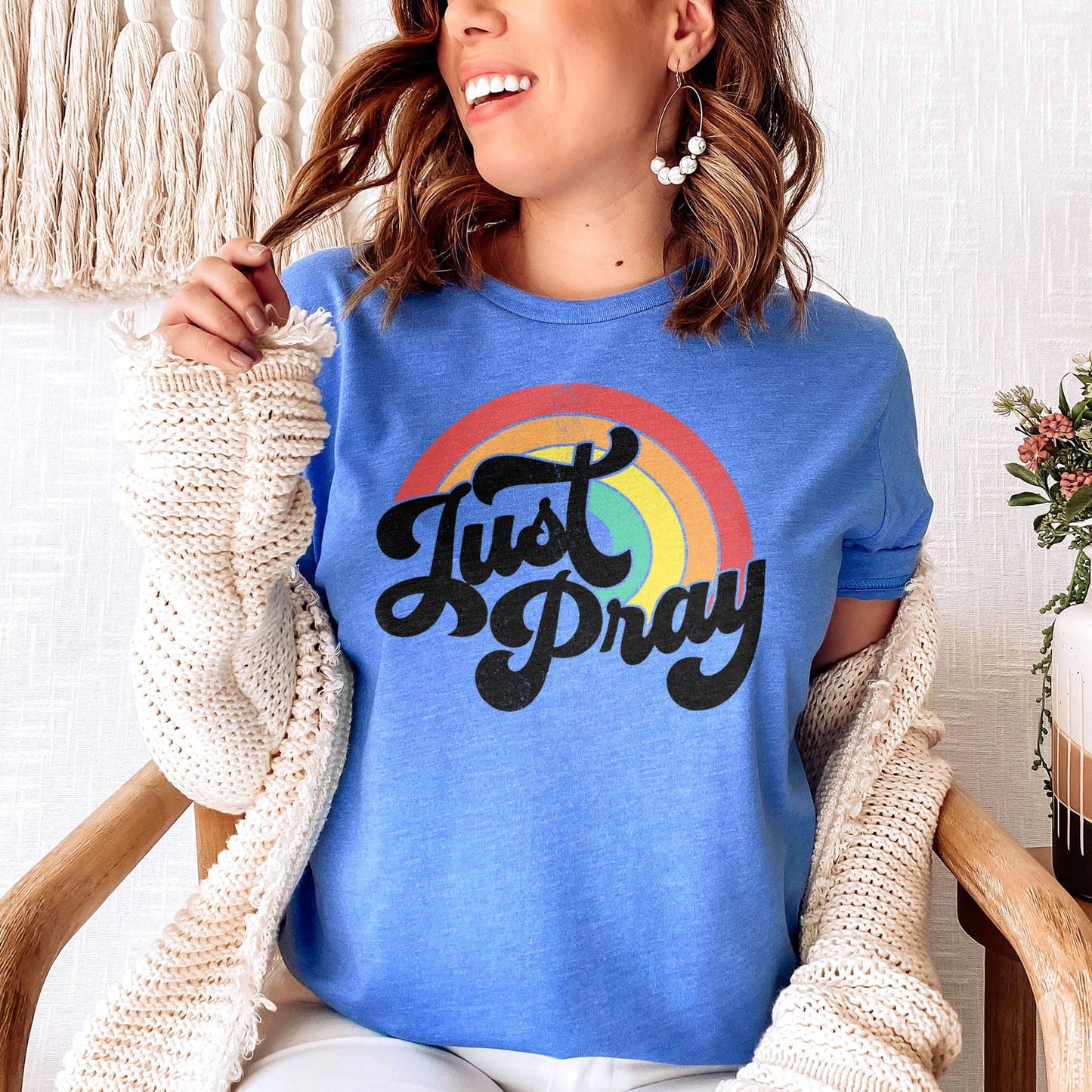 Just Pray Vintage Rainbow Tee Shirts For Women - Christian Shirts for Women - Religious Tee Shirts