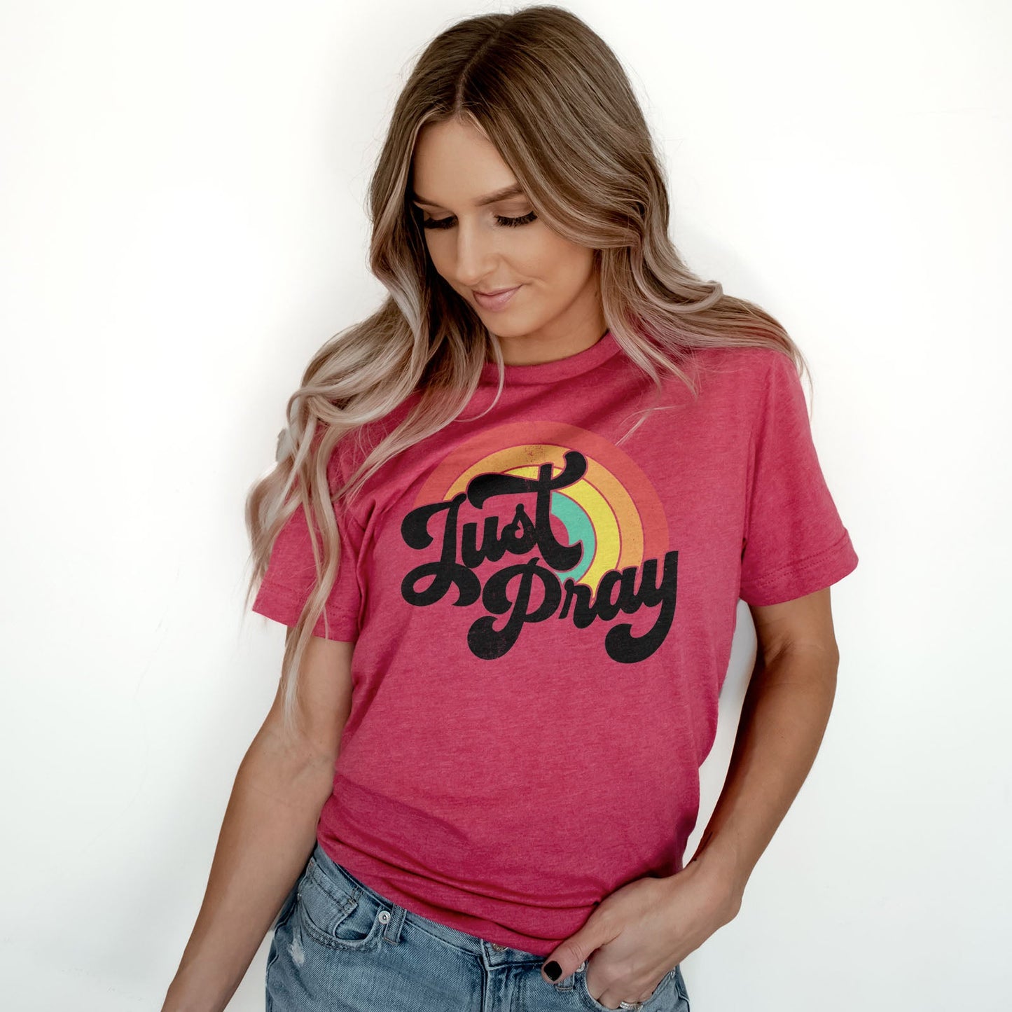 Just Pray Vintage Rainbow Tee Shirts For Women - Christian Shirts for Women - Religious Tee Shirts