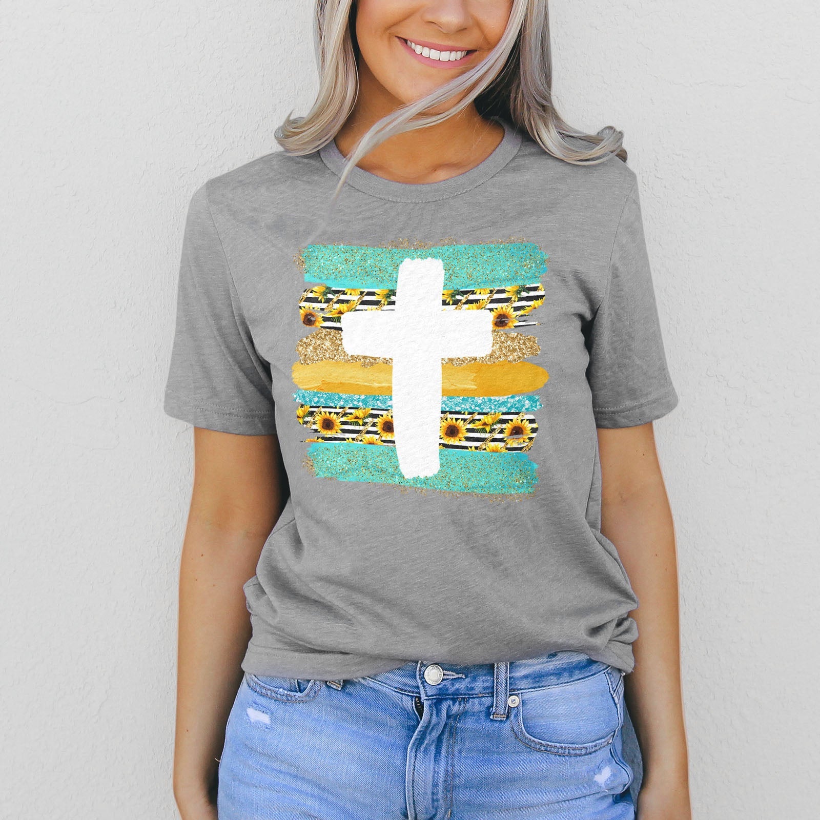 Cross Brushstrokes Sunflower Tee Shirts For Women - Christian Shirts for Women - Religious Tee Shirts