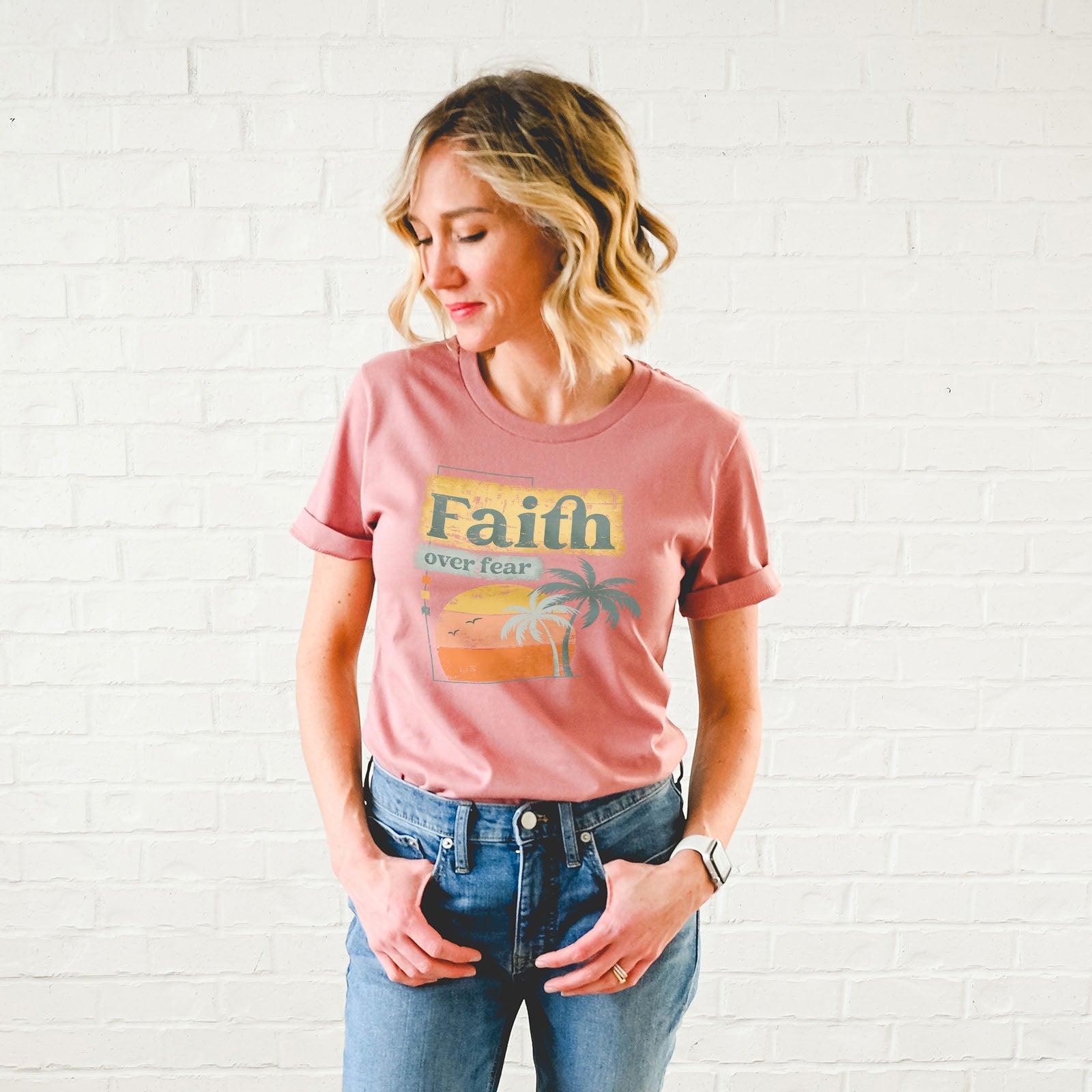 Christian Retro Faith over fear Tee Shirts For Women - Christian Shirts for Women - Religious Tee Shirts