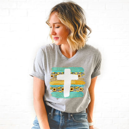 Cross Brushstrokes Sunflower Tee Shirts For Women - Christian Shirts for Women - Religious Tee Shirts