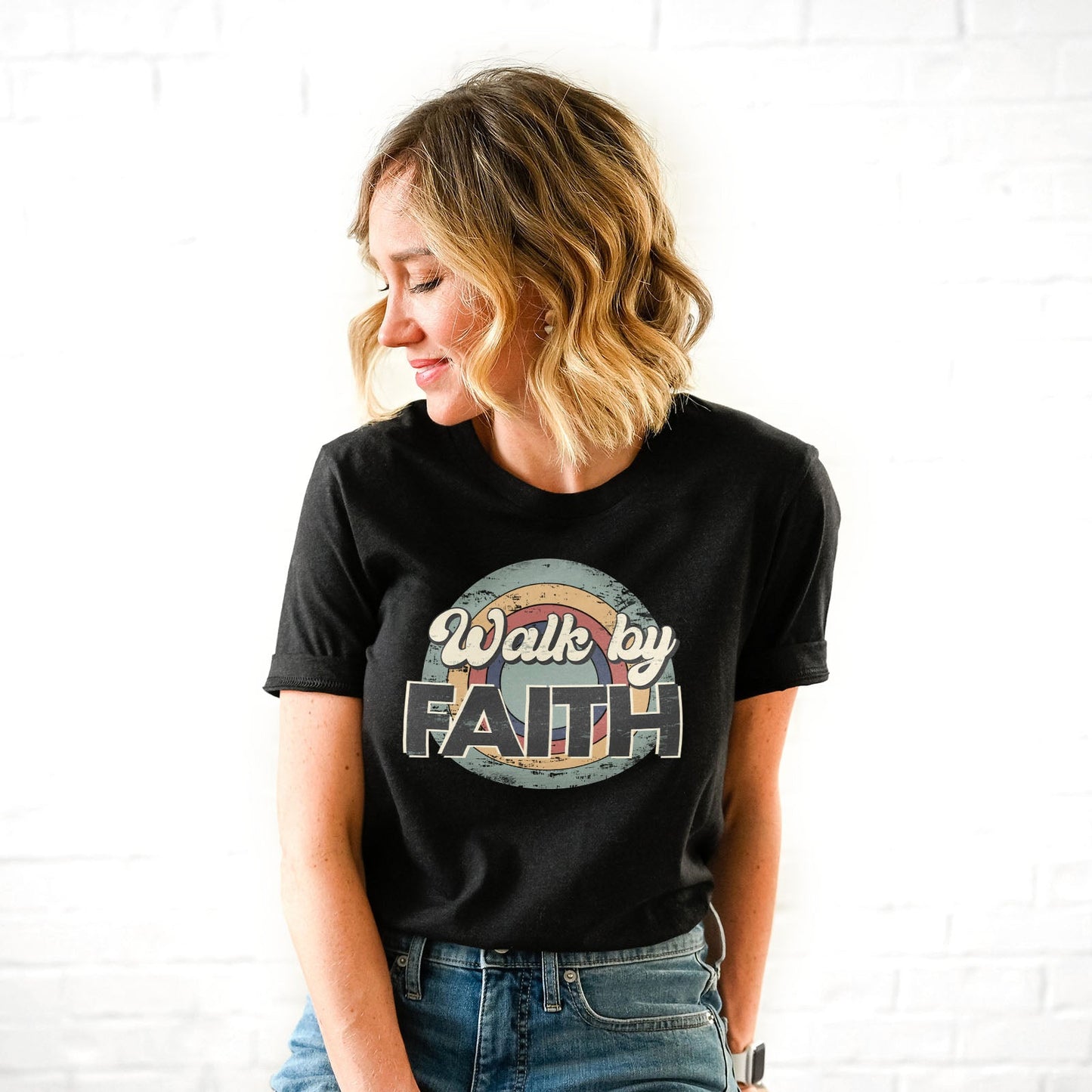 Retro Walk By Faith Tee Shirts For Women - Christian Shirts for Women - Religious Tee Shirts