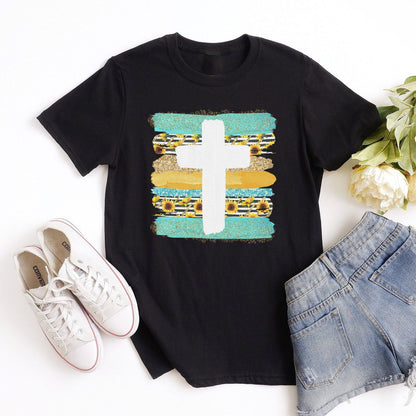 Cross Brushstrokes Sunflower Tee Shirts For Women - Christian Shirts for Women - Religious Tee Shirts