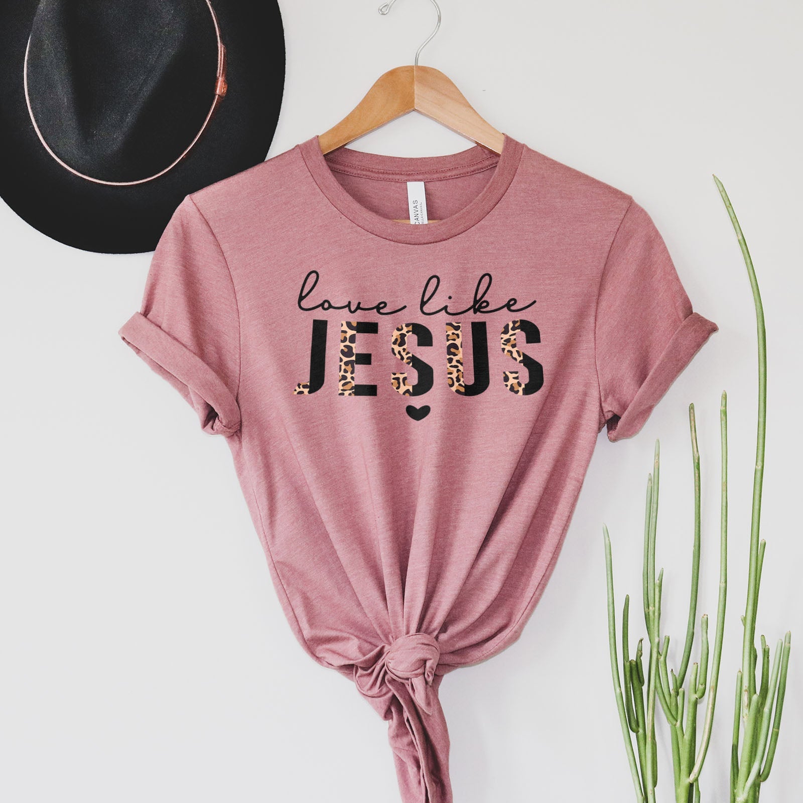 Love Like Jesus Half Leopard Black Tee Shirts For Women - Christian Shirts for Women - Religious Tee Shirts