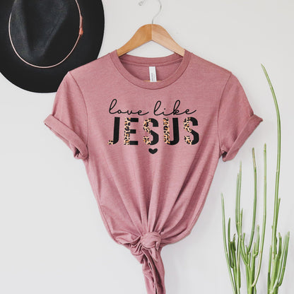 Love Like Jesus Half Leopard Black Tee Shirts For Women - Christian Shirts for Women - Religious Tee Shirts