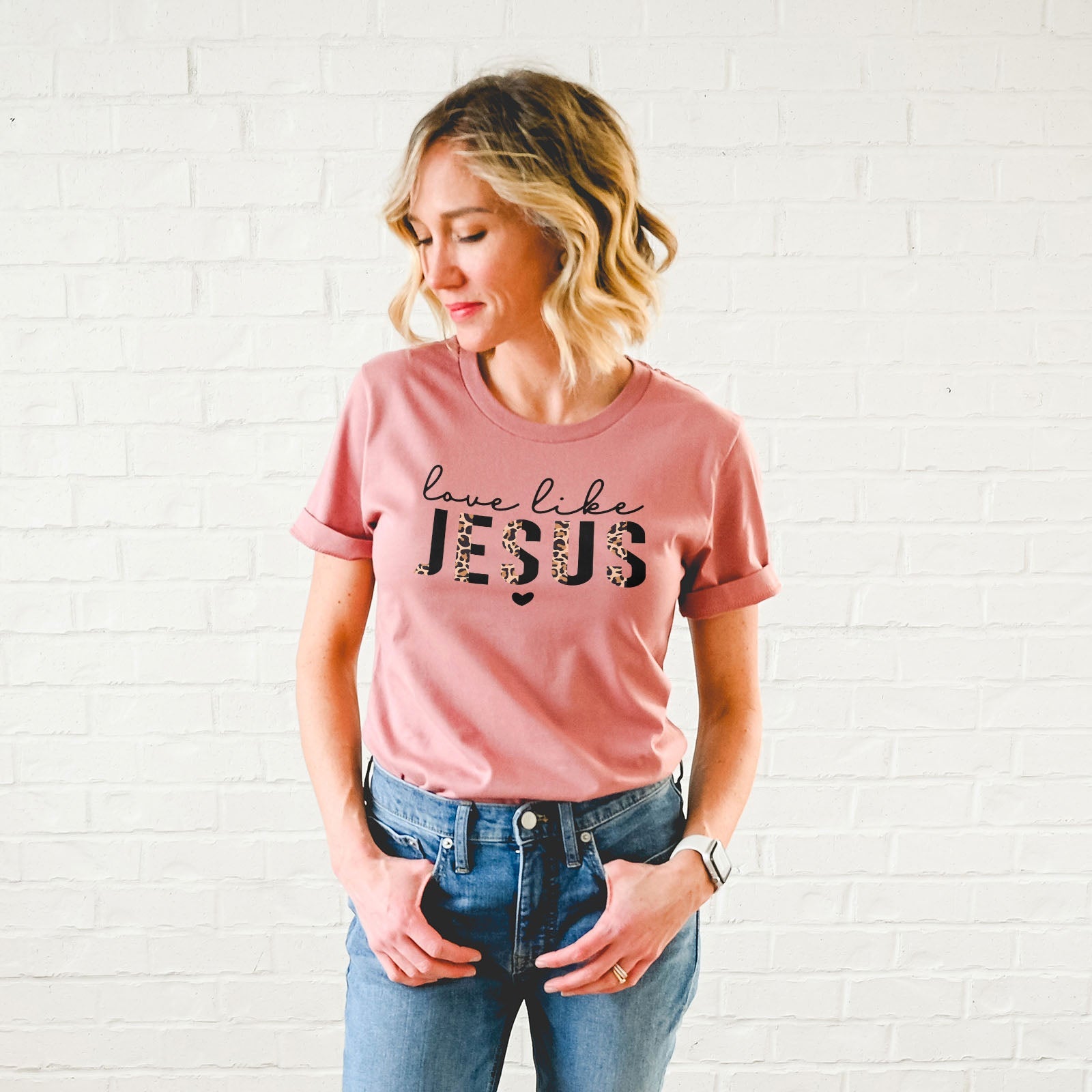 Love Like Jesus Half Leopard Black Tee Shirts For Women - Christian Shirts for Women - Religious Tee Shirts