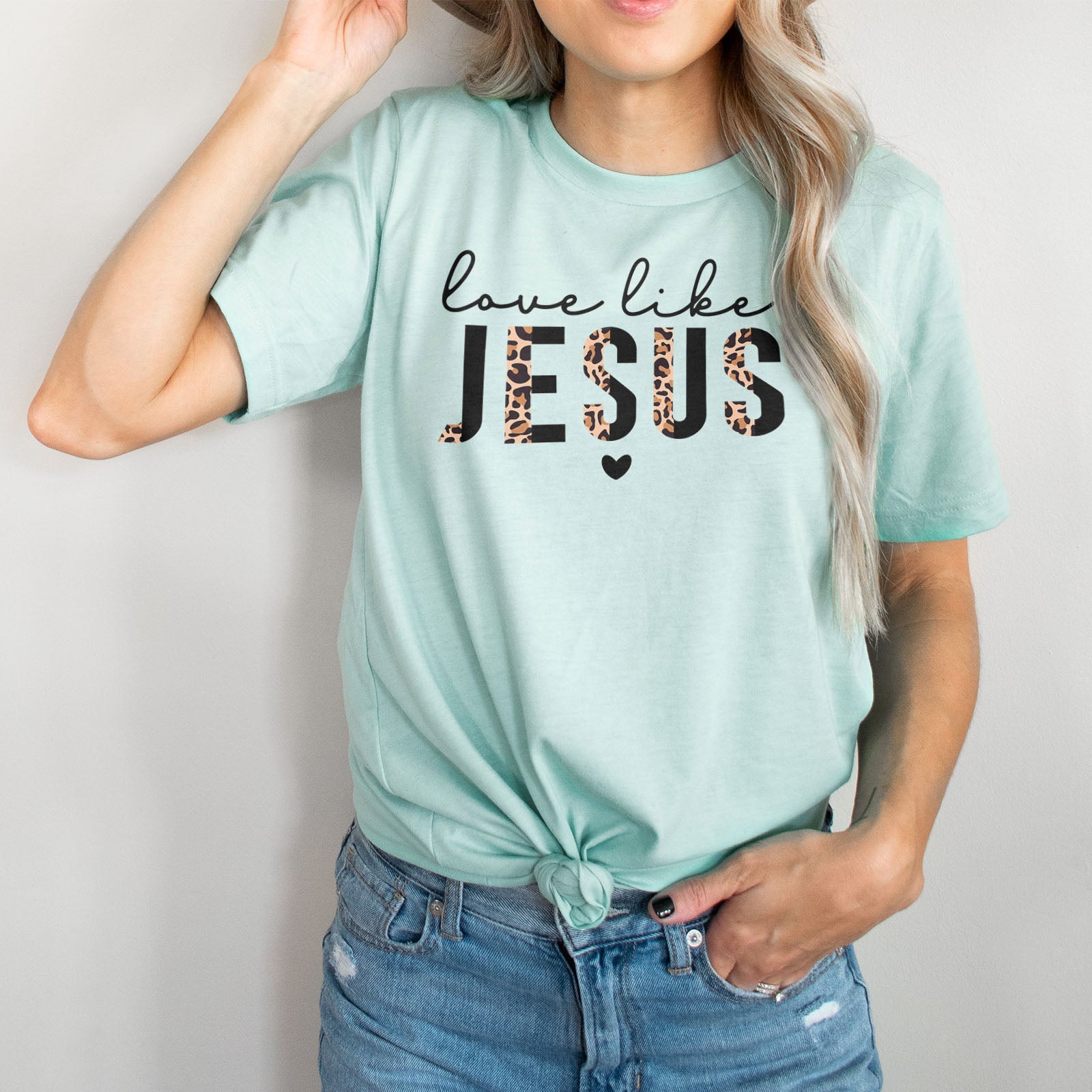 Love Like Jesus Half Leopard Black Tee Shirts For Women - Christian Shirts for Women - Religious Tee Shirts