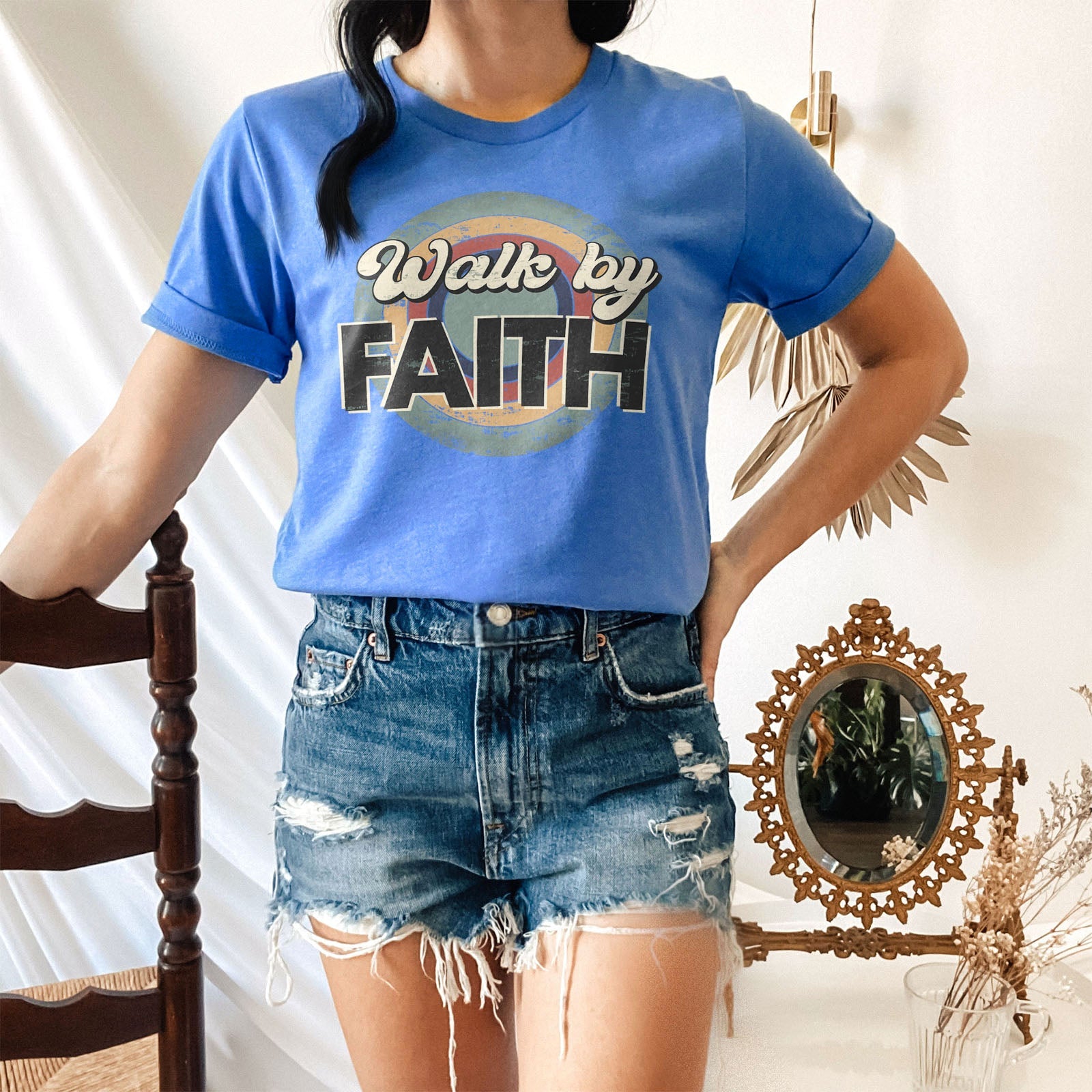 Retro Walk By Faith Tee Shirts For Women - Christian Shirts for Women - Religious Tee Shirts