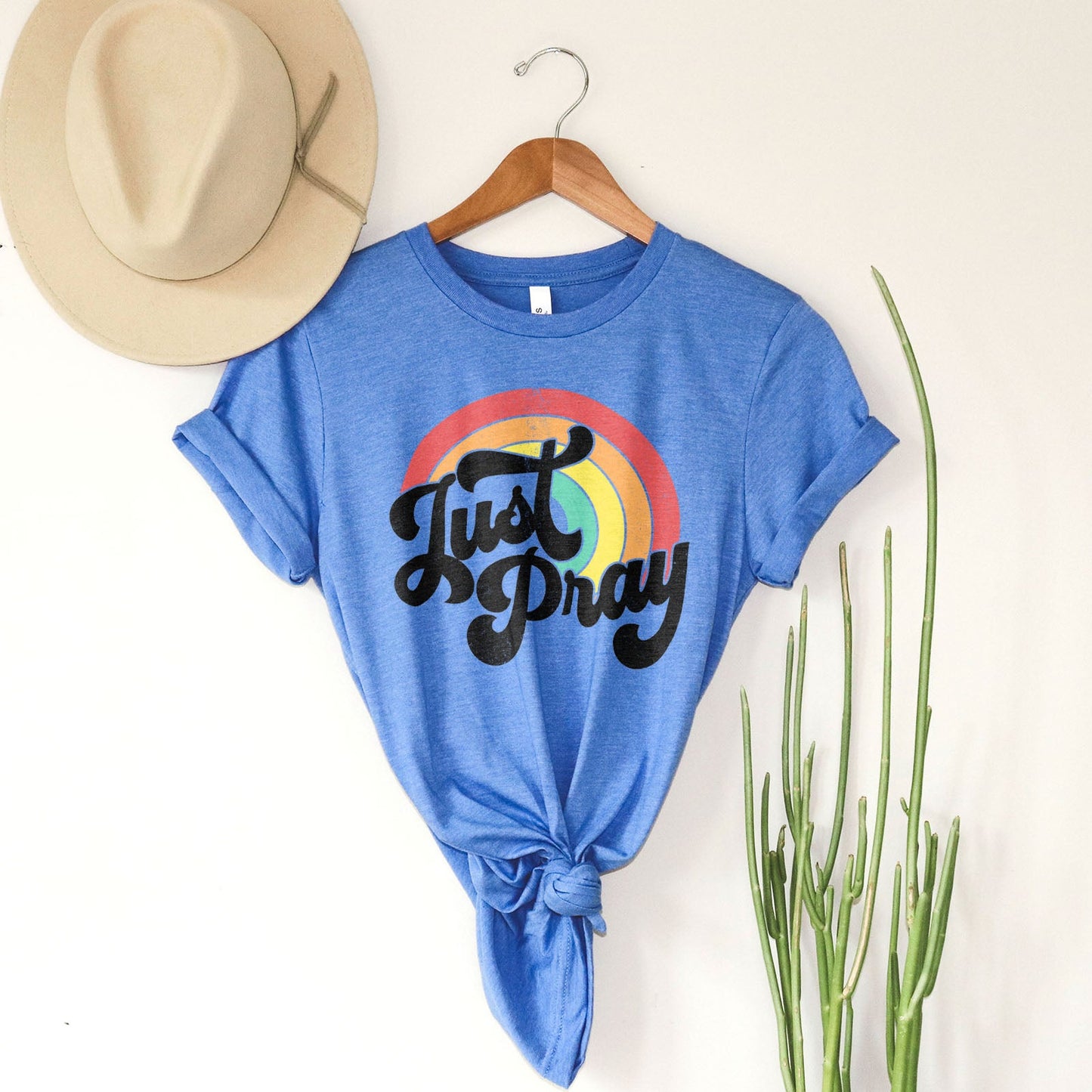 Just Pray Vintage Rainbow Tee Shirts For Women - Christian Shirts for Women - Religious Tee Shirts