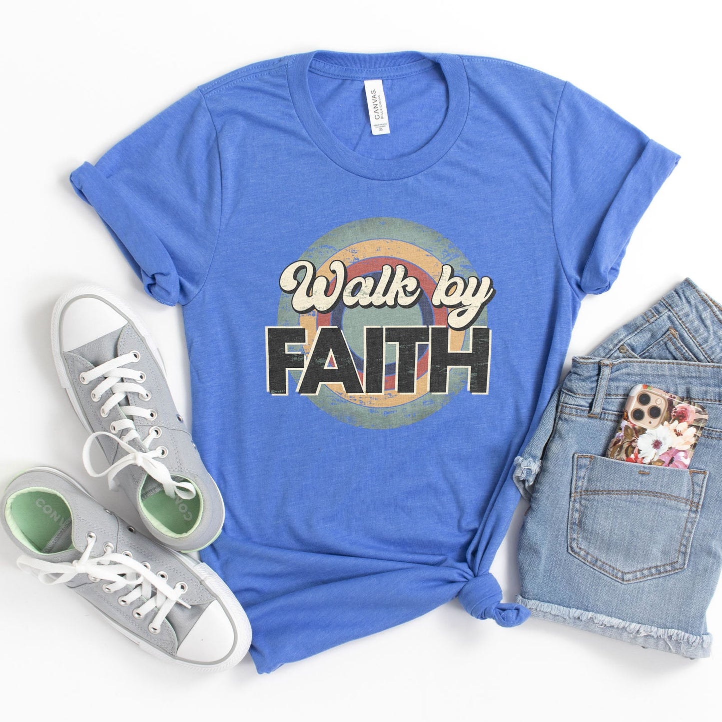 Retro Walk By Faith Tee Shirts For Women - Christian Shirts for Women - Religious Tee Shirts