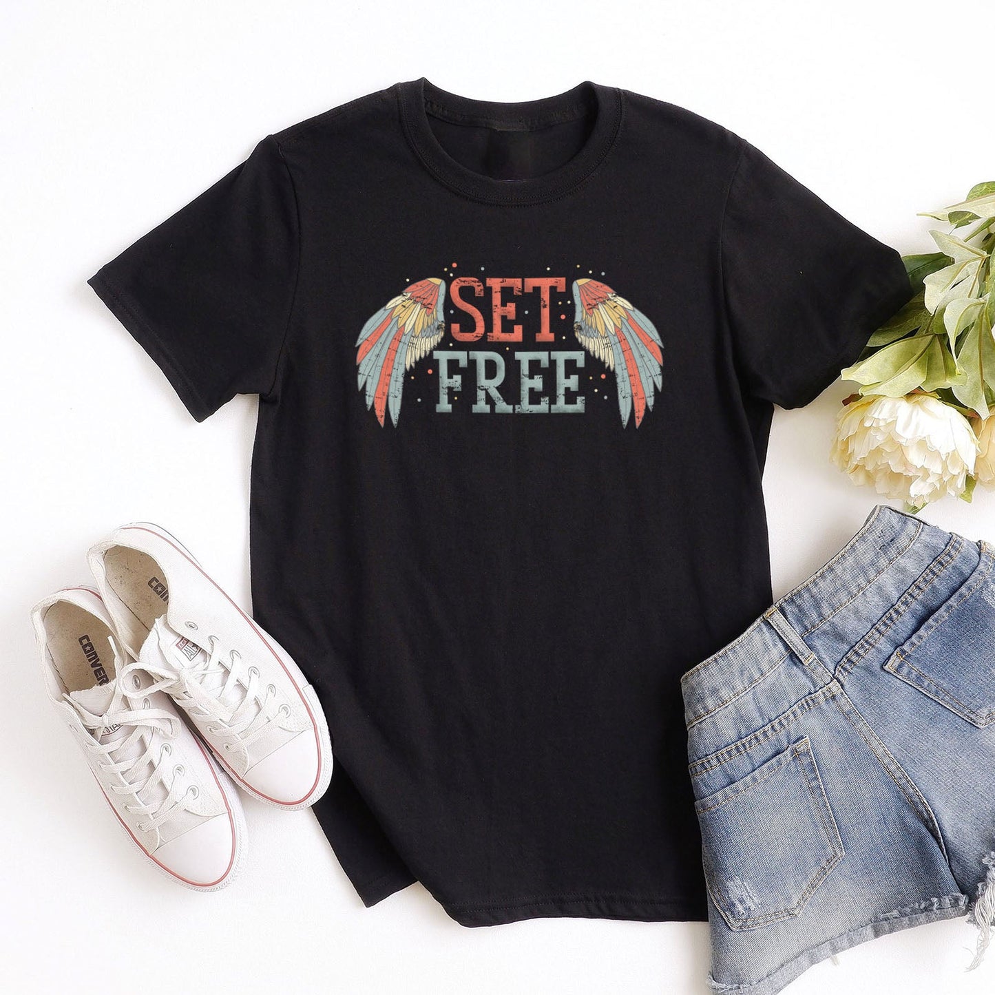 Retro Set Free Tee Shirts For Women - Christian Shirts for Women - Religious Tee Shirts