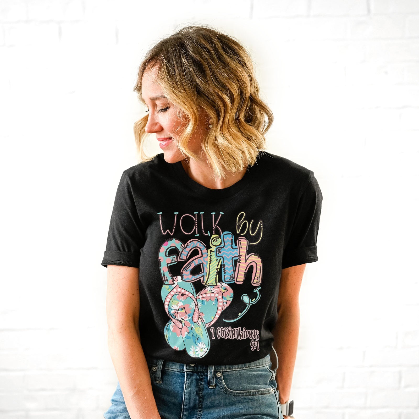 Walk by Faith in Flip-Flops Tee Shirts For Women - Christian Shirts for Women - Religious Tee Shirts