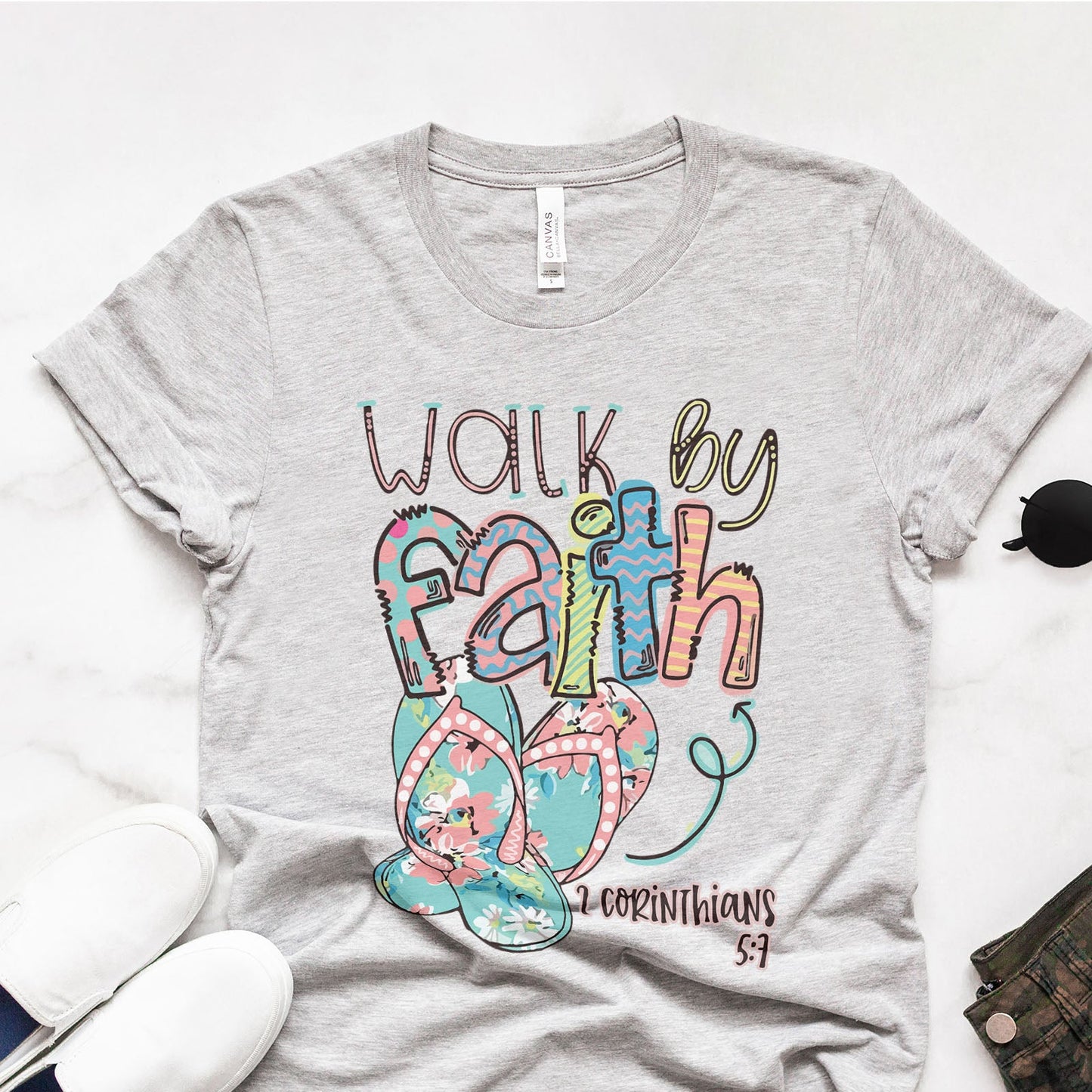 Walk by Faith in Flip-Flops Tee Shirts For Women - Christian Shirts for Women - Religious Tee Shirts