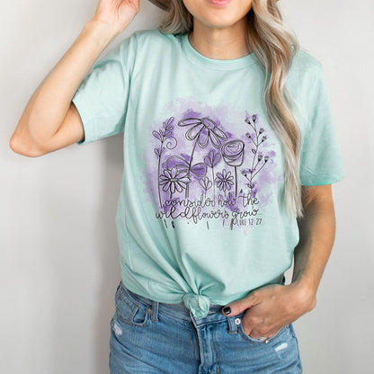 Consider How The Wildflowers Grow Spiral Luke 12:27 Tee Shirts For Women - Christian Shirts for Women - Religious Tee Shirts