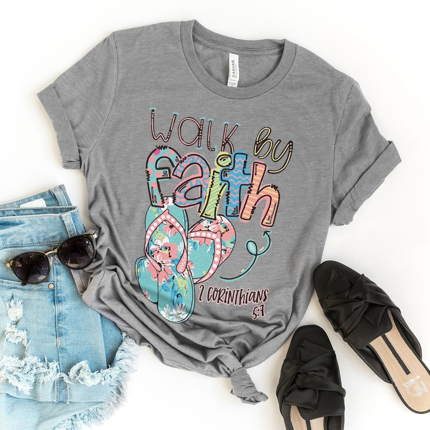 Walk by Faith in Flip-Flops Tee Shirts For Women - Christian Shirts for Women - Religious Tee Shirts
