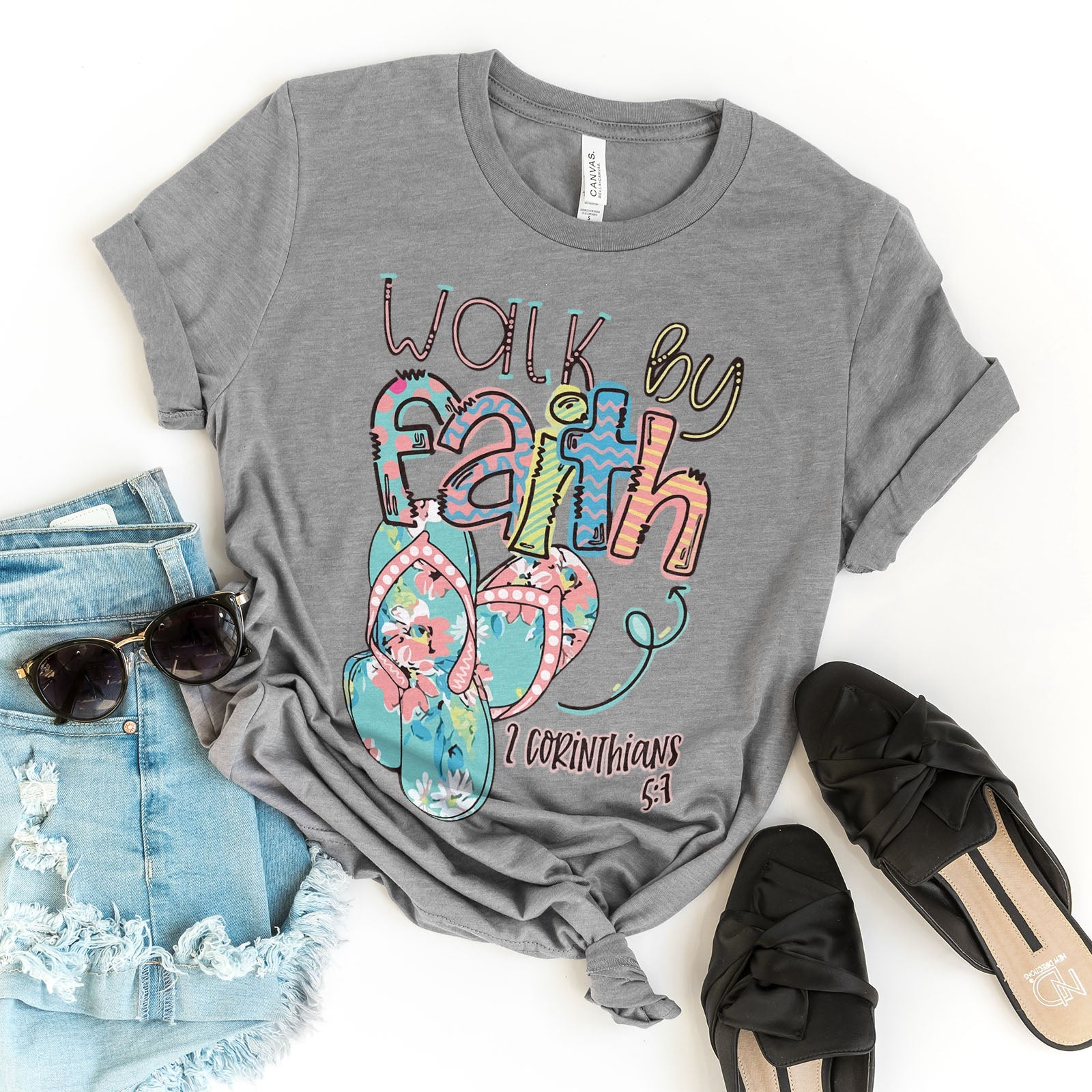 Walk by Faith in Flip-Flops Tee Shirts For Women - Christian Shirts for Women - Religious Tee Shirts