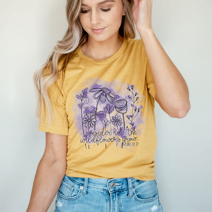 Consider How The Wildflowers Grow Spiral Luke 12:27 Tee Shirts For Women - Christian Shirts for Women - Religious Tee Shirts