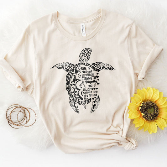 She is Clothed in Strength And Dignity Sea Turtle Black Tee Shirts For Women - Christian Shirts for Women - Religious Tee Shirts