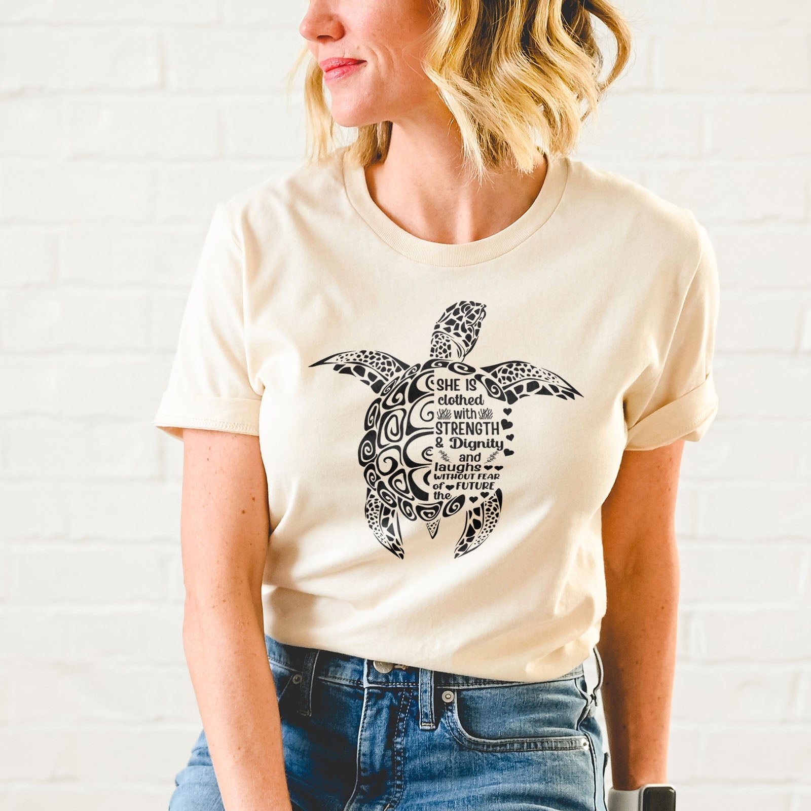 She is Clothed in Strength And Dignity Sea Turtle Black Tee Shirts For Women - Christian Shirts for Women - Religious Tee Shirts