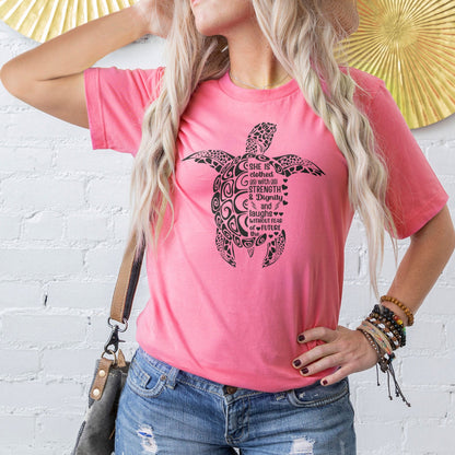 She is Clothed in Strength And Dignity Sea Turtle Black Tee Shirts For Women - Christian Shirts for Women - Religious Tee Shirts