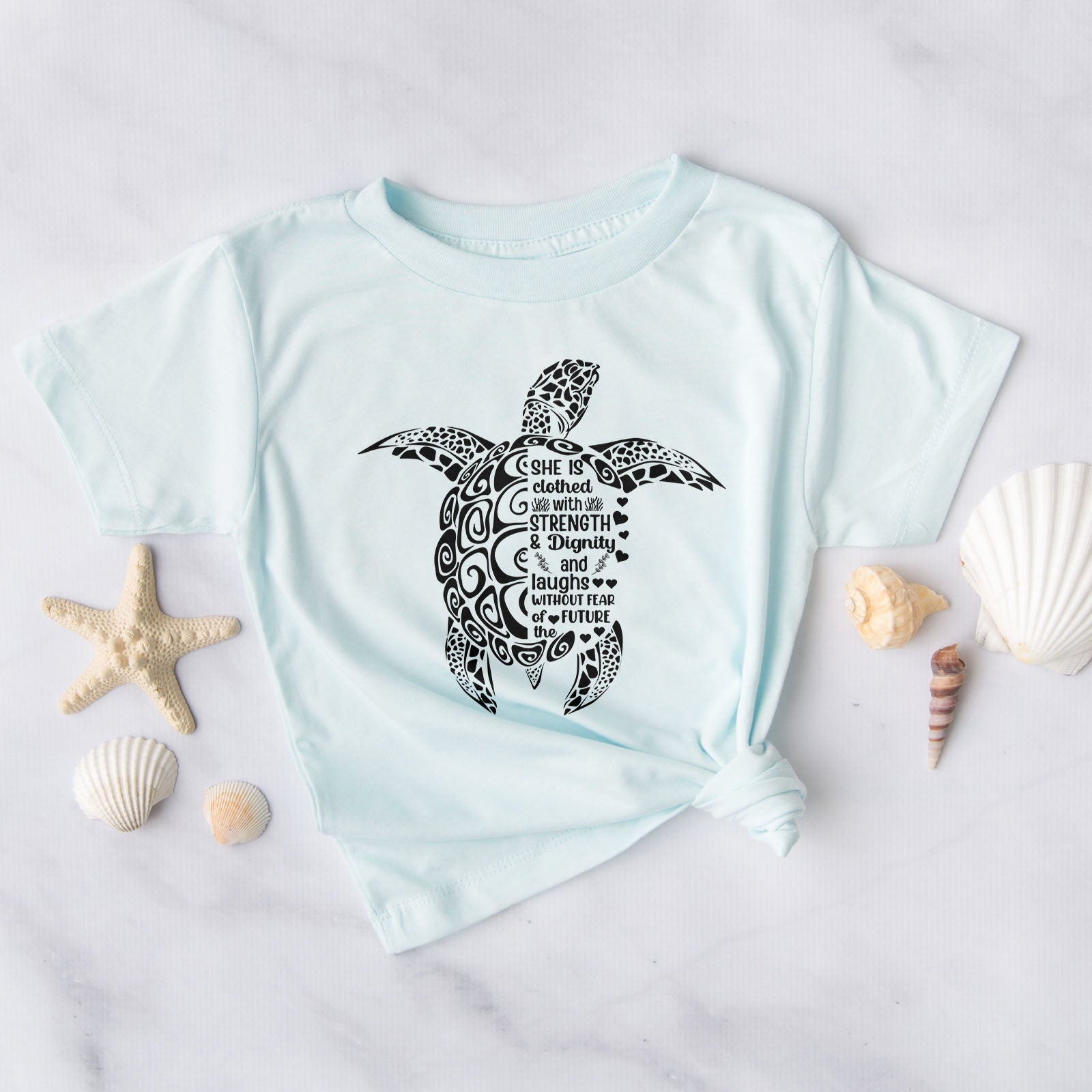 She is Clothed in Strength And Dignity Sea Turtle Black Tee Shirts For Women - Christian Shirts for Women - Religious Tee Shirts