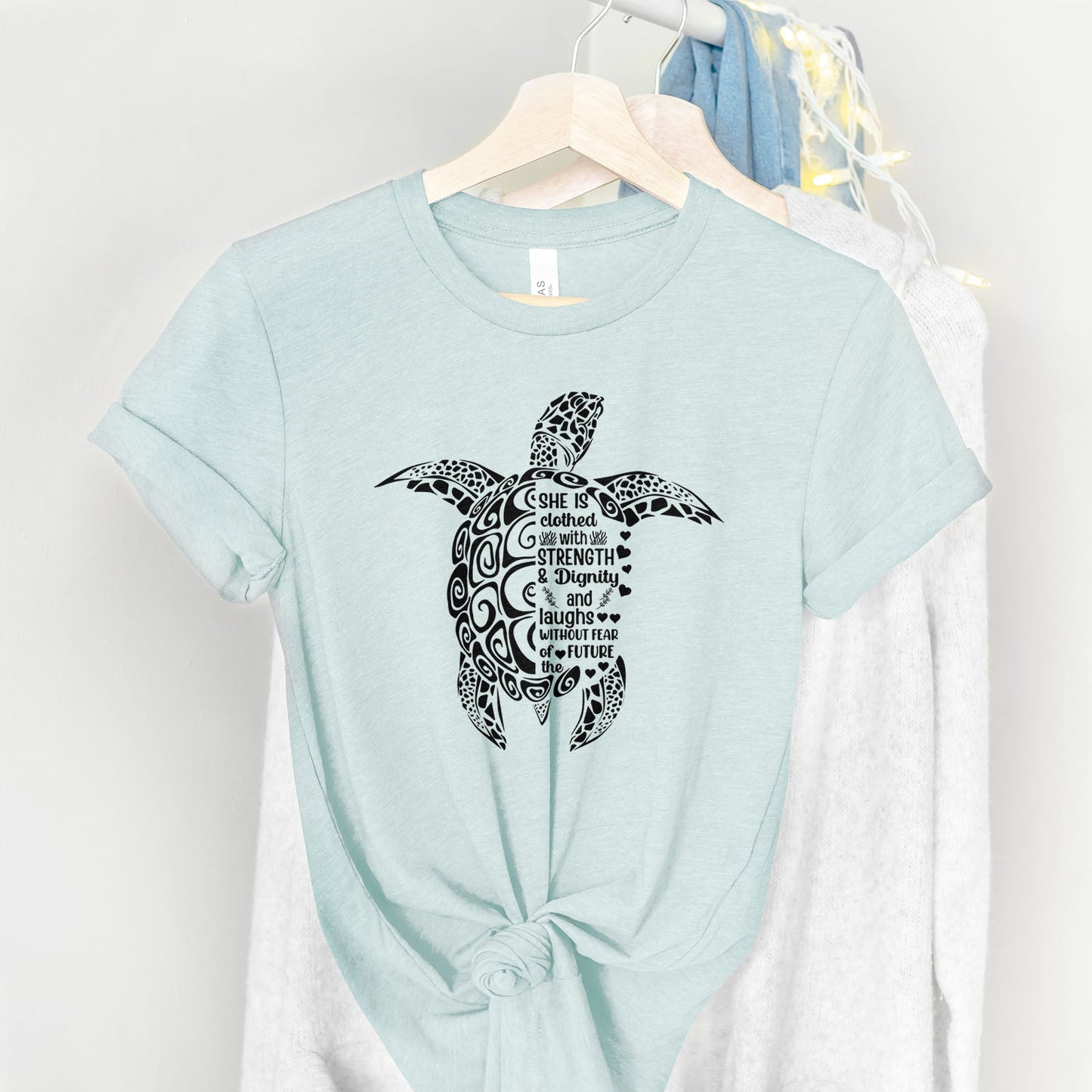 She is Clothed in Strength And Dignity Sea Turtle Black Tee Shirts For Women - Christian Shirts for Women - Religious Tee Shirts