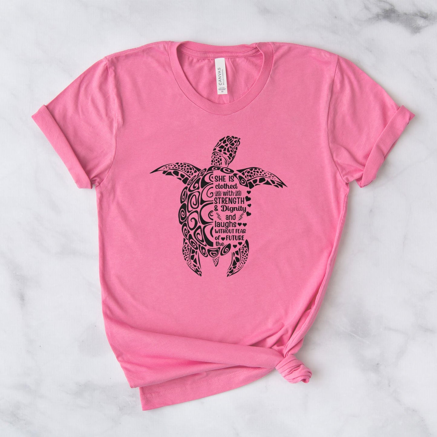 She is Clothed in Strength And Dignity Sea Turtle Black Tee Shirts For Women - Christian Shirts for Women - Religious Tee Shirts