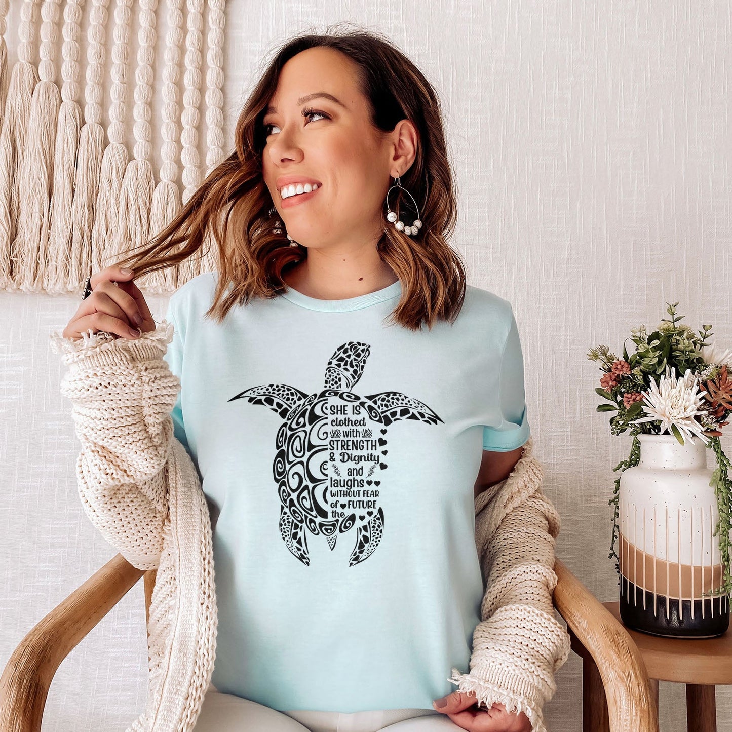 She is Clothed in Strength And Dignity Sea Turtle Black Tee Shirts For Women - Christian Shirts for Women - Religious Tee Shirts