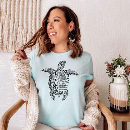 She is Clothed in Strength And Dignity Sea Turtle Black Tee Shirts For Women - Christian Shirts for Women - Religious Tee Shirts