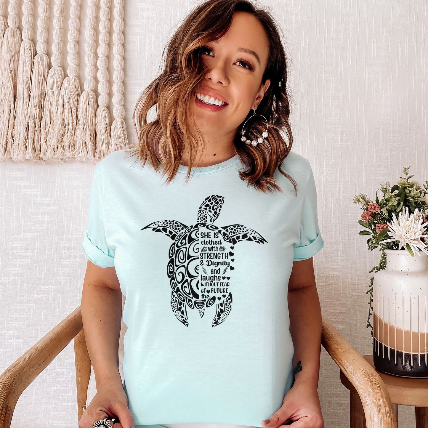 She is Clothed in Strength And Dignity Sea Turtle Black Tee Shirts For Women - Christian Shirts for Women - Religious Tee Shirts