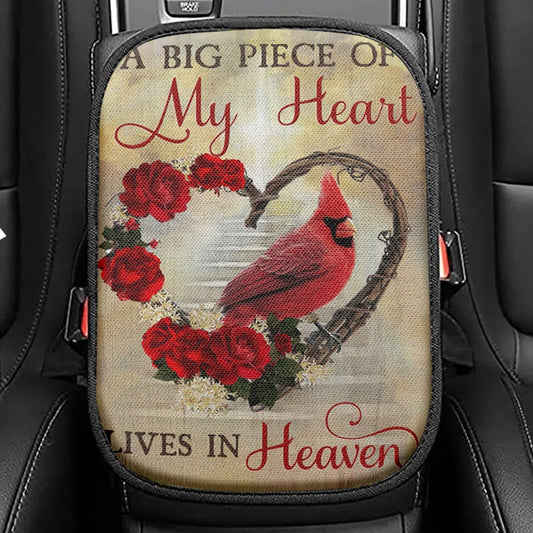 A Big Piece Of My Heart Lives In Heaven Red Rose Cardinal Seat Box Cover, Christian Car Center Console Cover, Religious Car Interior Accessories