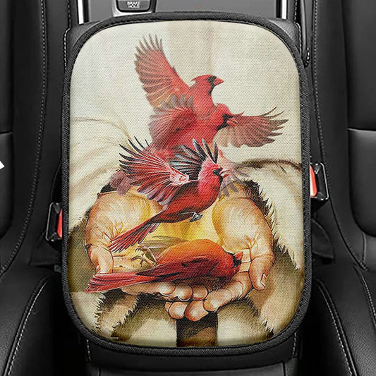 A Cardinal On His Hand Jesus Seat Box Cover, Christian Car Center Console Cover, Bible Verse Car Interior Accessories