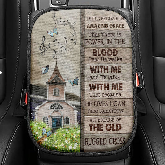 A Church On Hill I Still Believe In Amazing Grace Seat Box Cover, Christian Car Center Console Cover, Religious Car Interior Accessories