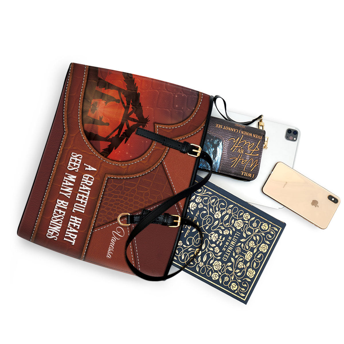 A Grateful Heart Sees Many Blessings Personalized Pu Leather Tote Bag For Women - Mom Gifts For Mothers Day