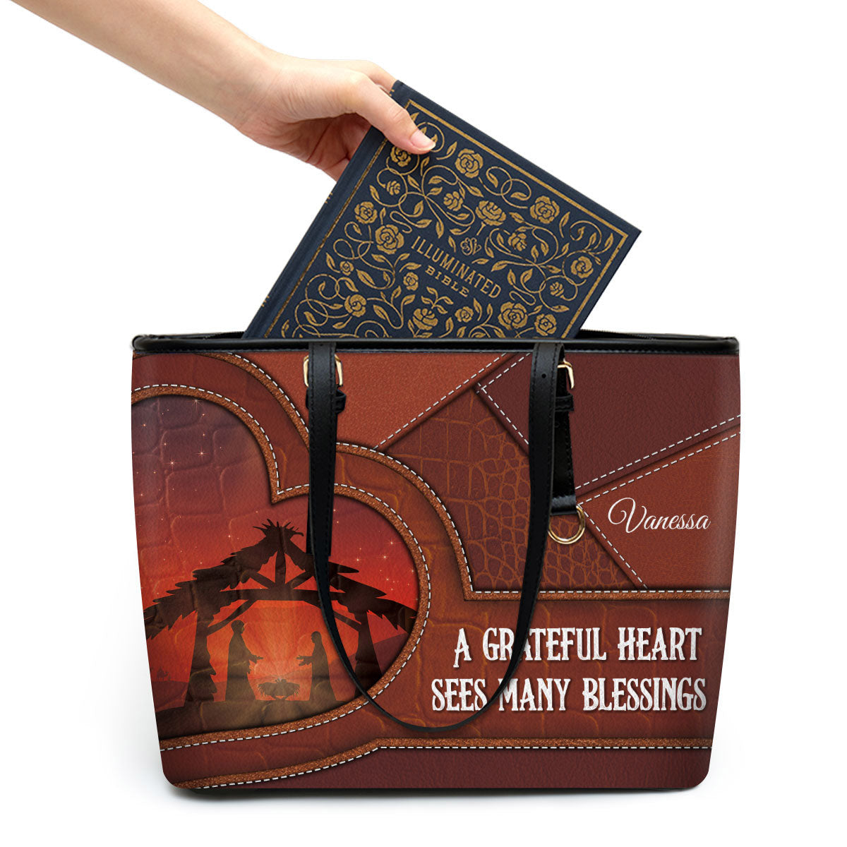 A Grateful Heart Sees Many Blessings Personalized Pu Leather Tote Bag For Women - Mom Gifts For Mothers Day