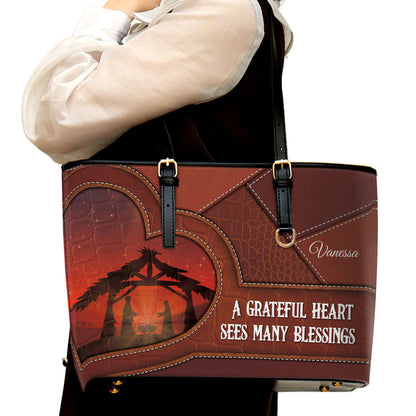 A Grateful Heart Sees Many Blessings Personalized Pu Leather Tote Bag For Women - Mom Gifts For Mothers Day