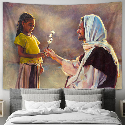 A Little Girl Handing A Flower To Jesus Tapestry - The Gift Tapestry Christian - Jesus Pictures - Christian Wall Tapestry