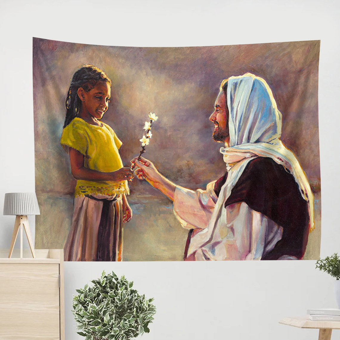 A Little Girl Handing A Flower To Jesus Tapestry - The Gift Tapestry Christian - Jesus Pictures - Christian Wall Tapestry