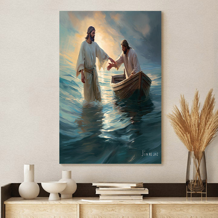 A Man Is Holding Jesus' Hand As Jesus Takes Him Into The Water - Canvas Pictures - Jesus Christ Canvas - Christian Wall Art