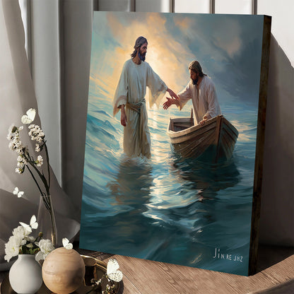 A Man Is Holding Jesus' Hand As Jesus Takes Him Into The Water - Canvas Pictures - Jesus Christ Canvas - Christian Wall Art