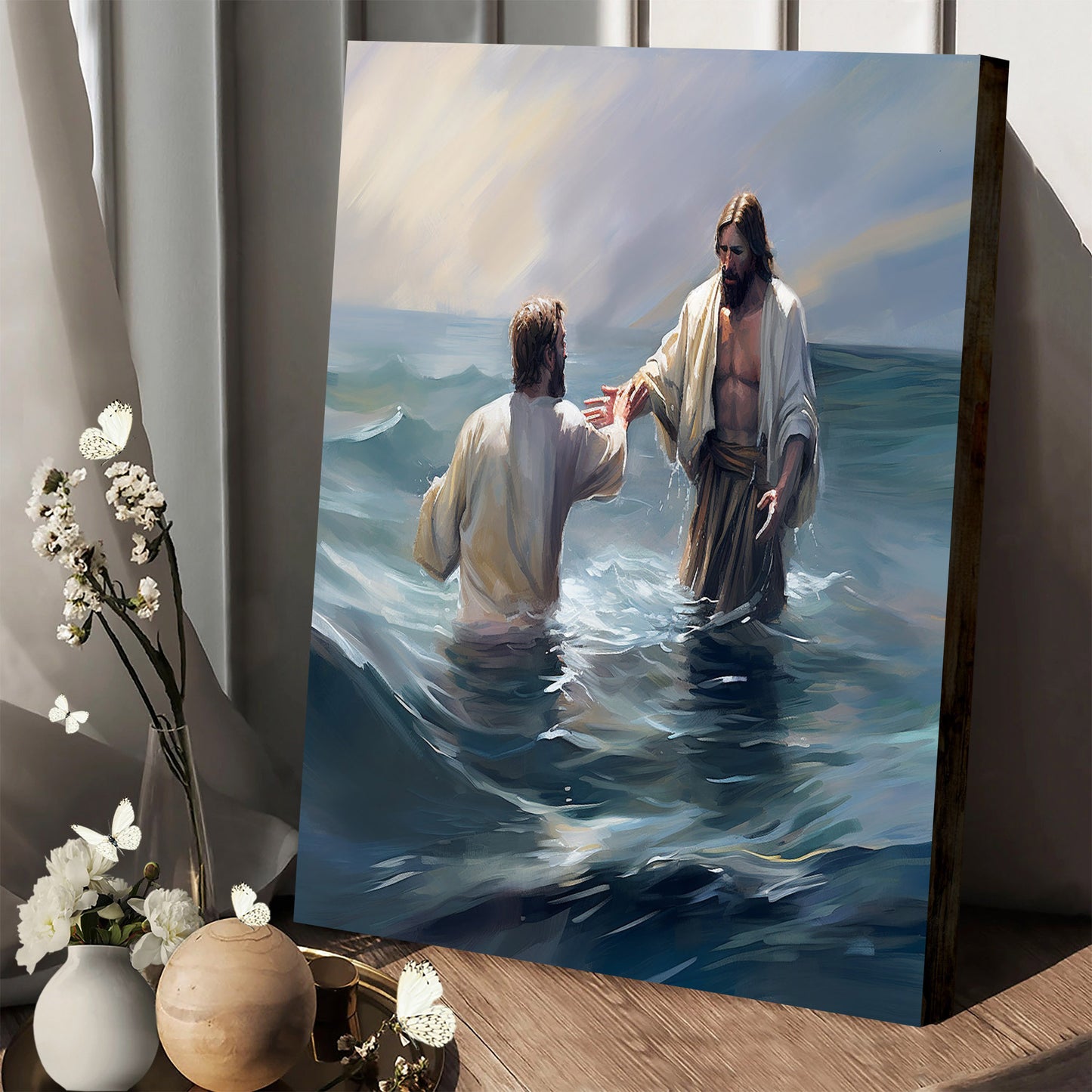 A Man Is Holding Jesus' Hand As Jesus Takes Him Into The Water 1 - Canvas Pictures - Jesus Christ Canvas - Christian Wall Art