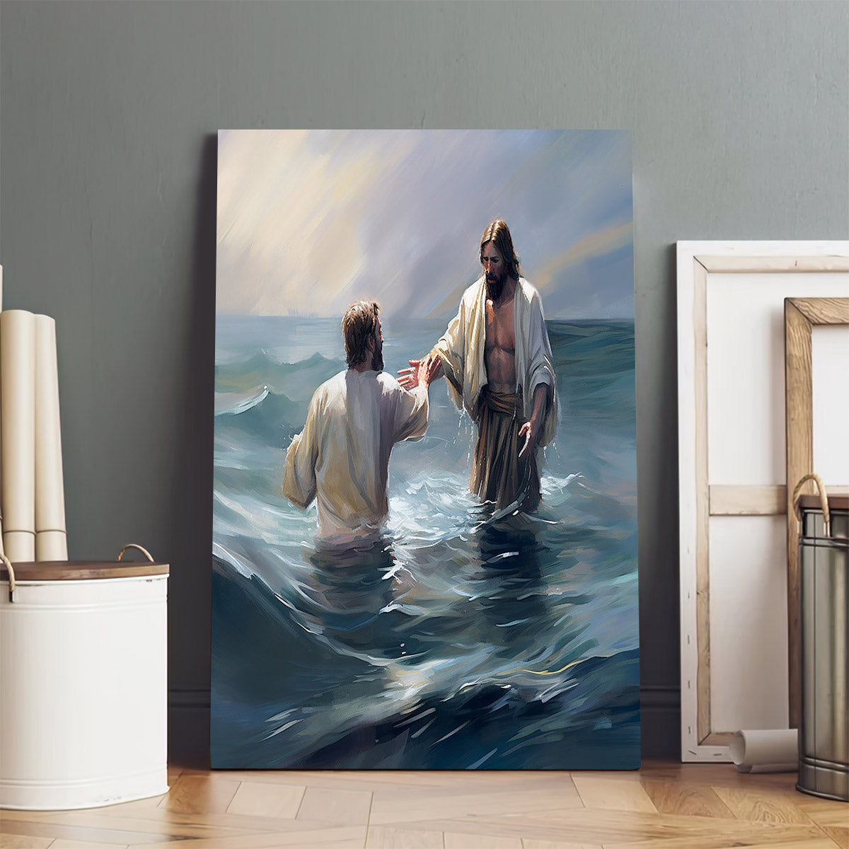 A Man Is Holding Jesus' Hand As Jesus Takes Him Into The Water 1 - Canvas Pictures - Jesus Christ Canvas - Christian Wall Art