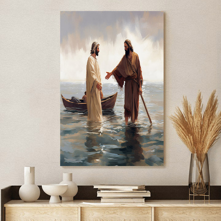 A Man Is Holding Jesus' Hand To Lead Him Into The Water - Canvas Pictures - Jesus Christ Canvas - Christian Wall Art