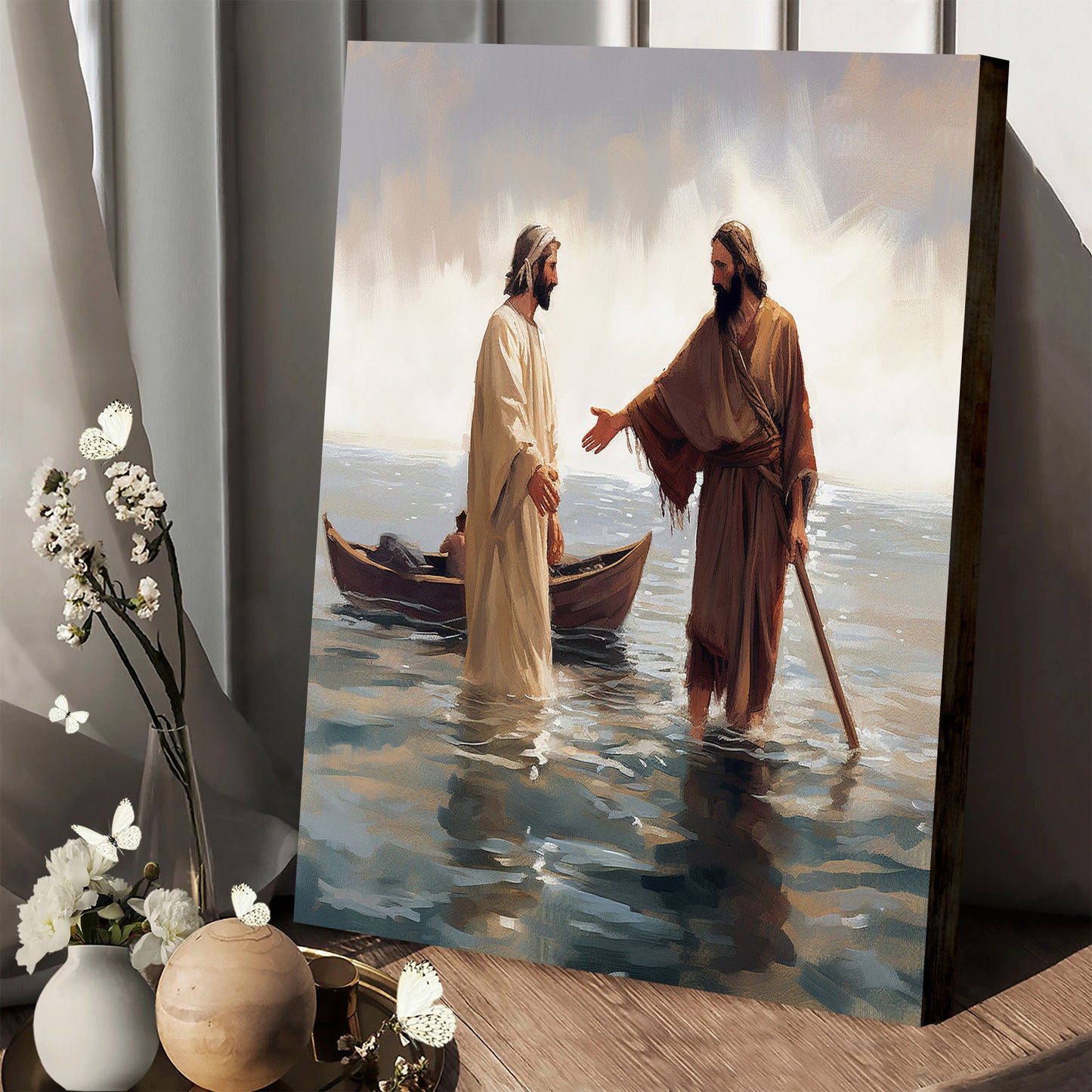 A Man Is Holding Jesus' Hand To Lead Him Into The Water - Canvas Pictures - Jesus Christ Canvas - Christian Wall Art
