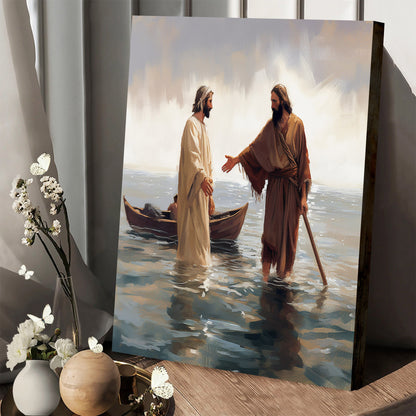 A Man Is Holding Jesus' Hand To Lead Him Into The Water - Canvas Pictures - Jesus Christ Canvas - Christian Wall Art