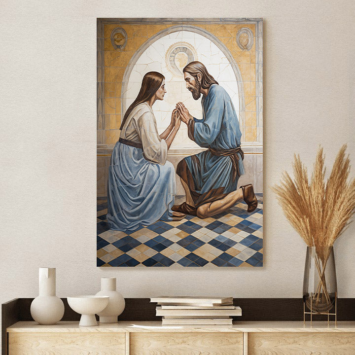 A Painting Of Jesus And A Woman Kneeling Between Him 1 - Canvas Picture - Jesus Christ Canvas - Christian Wall Art