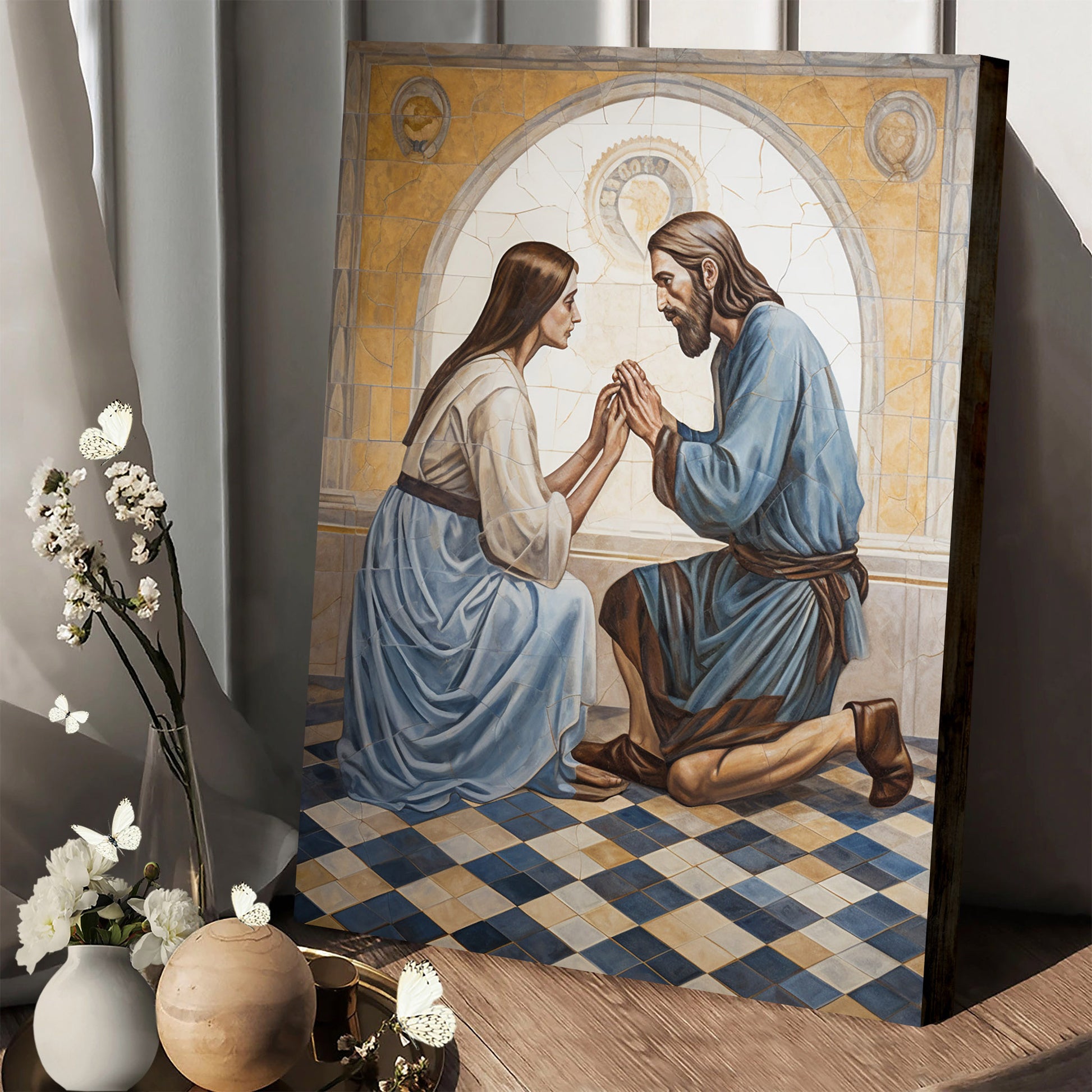 A Painting Of Jesus And A Woman Kneeling Between Him 1 - Canvas Picture - Jesus Christ Canvas - Christian Wall Art